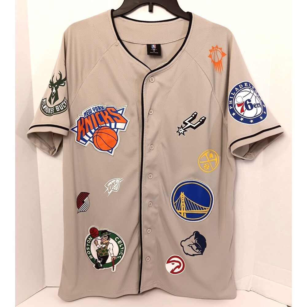 Vtg NBA Jersey Shirt Men M Tan All Over Print Patchwork Lakers Bulls Knicks Heat